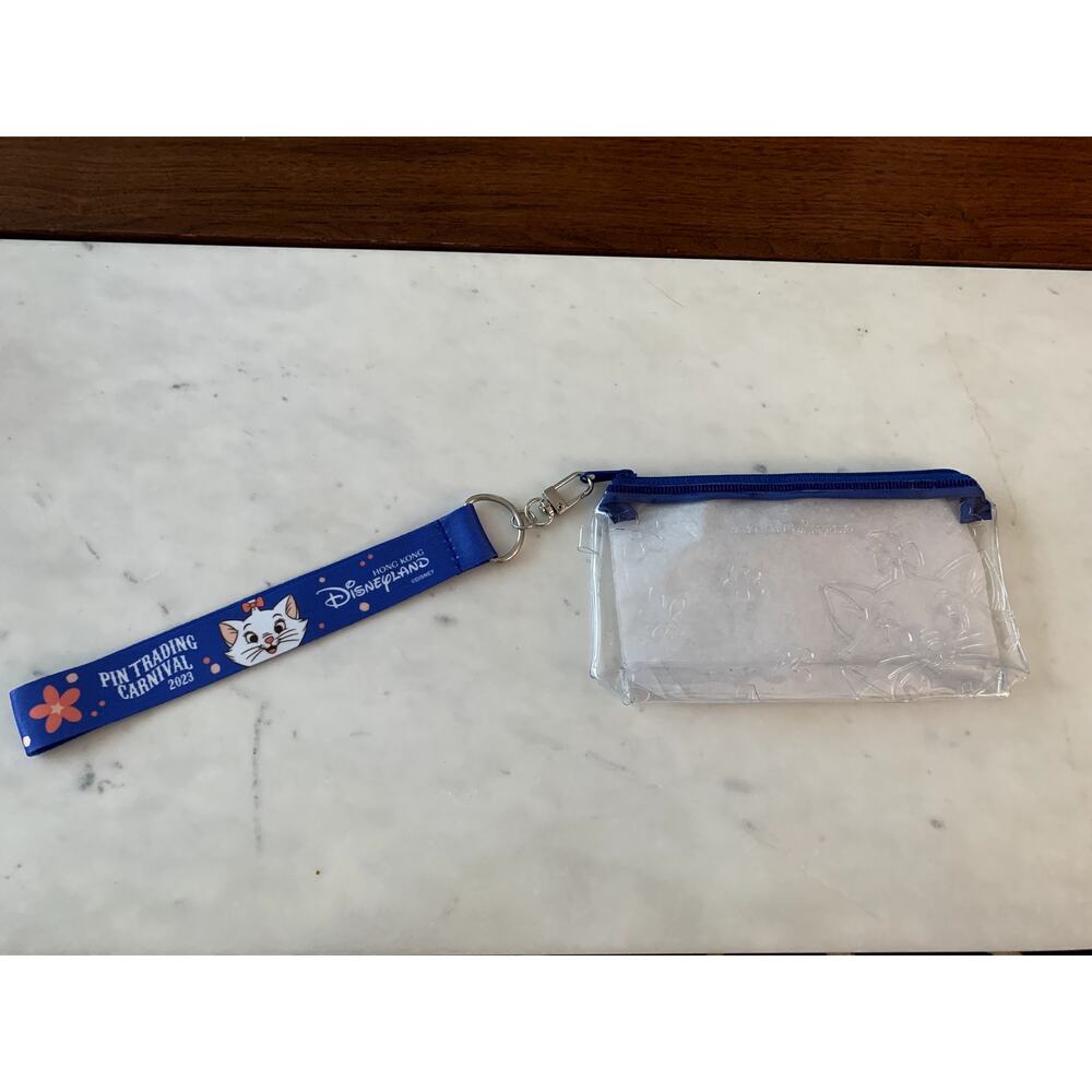 Hong Kong Disneyland Marie Pin Trading Carnival Wristlet Lanyard Pouch